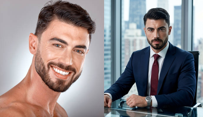 Comparativo antes e depois masculino: foto comum versus retrato corporativo gerado por IA