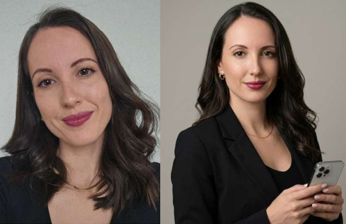 Comparativo antes e depois feminino: foto comum versus retrato corporativo gerado por IA