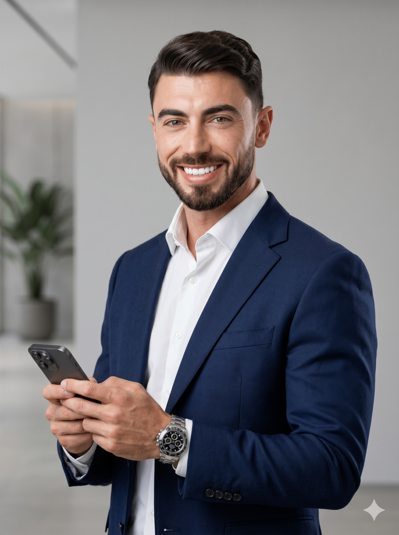 Executivo sorridente com terno azul marinho segurando smartphone