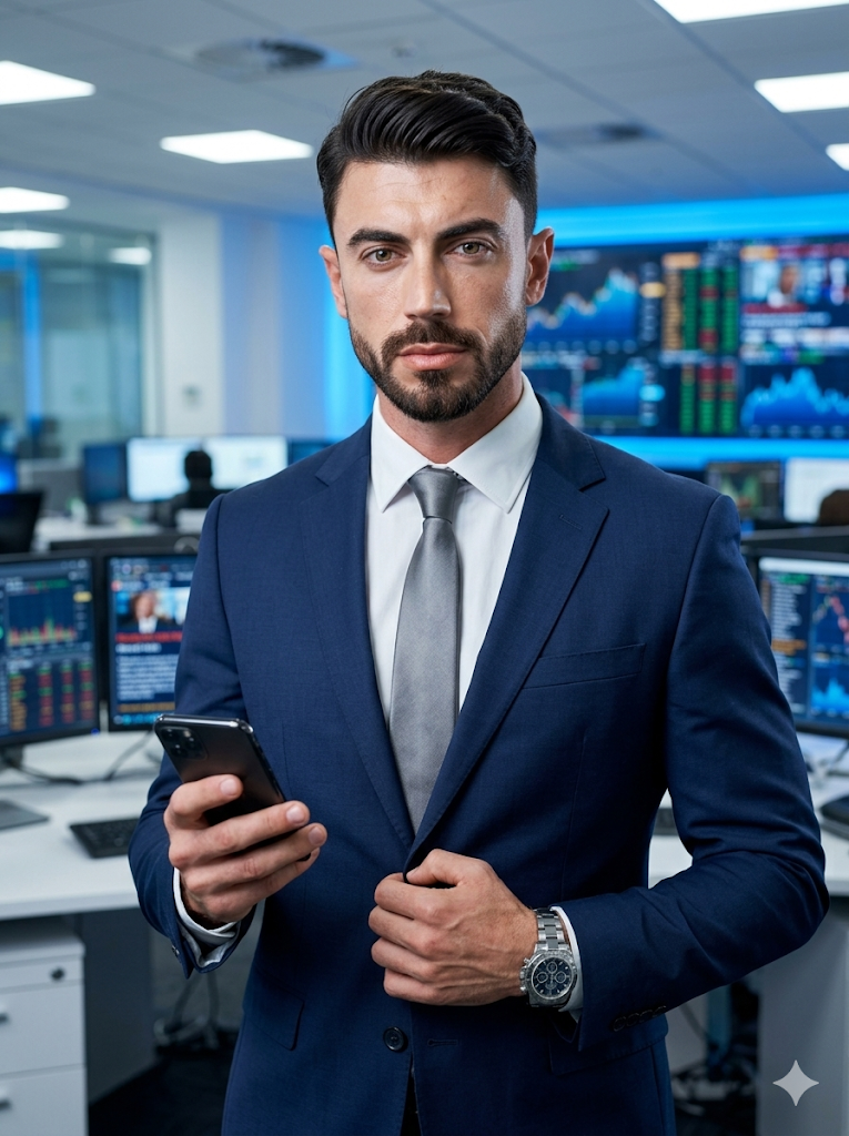 Executivo com terno azul marinho e gravata cinza segurando smartphone em sala de trading
