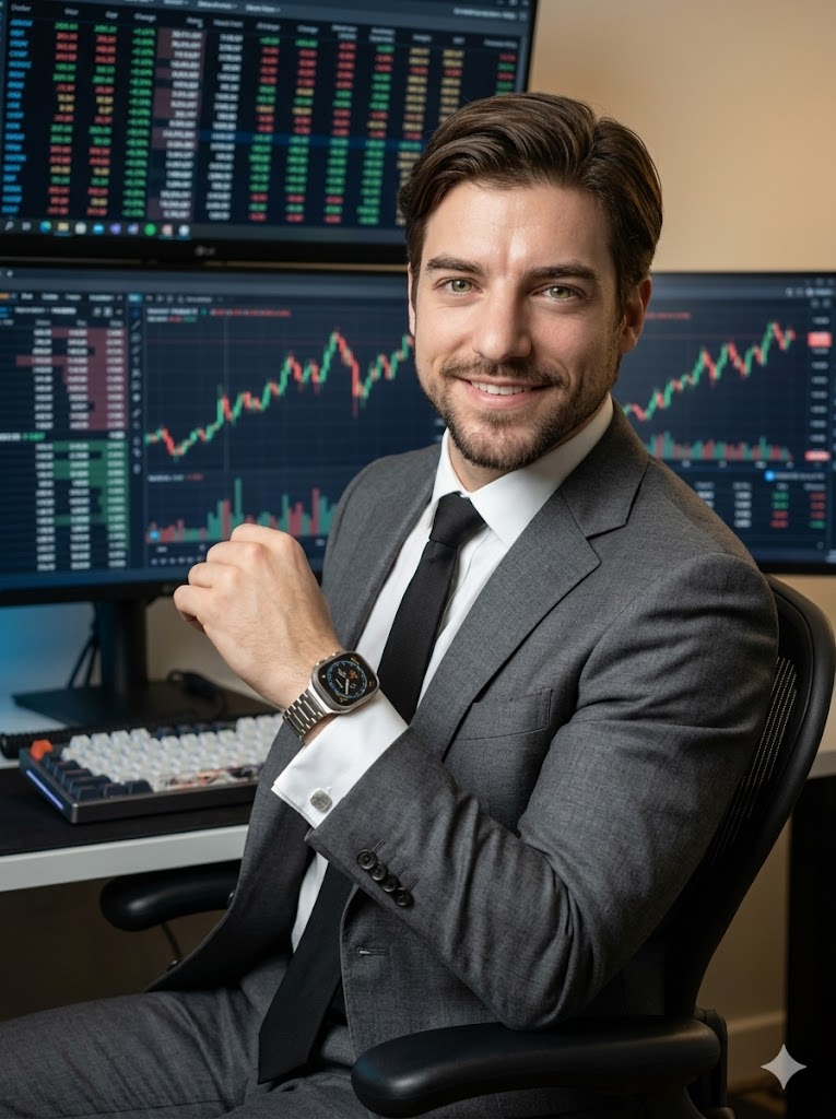 Executivo com terno cinza sorridente em escritório com monitores de mercado financeiro