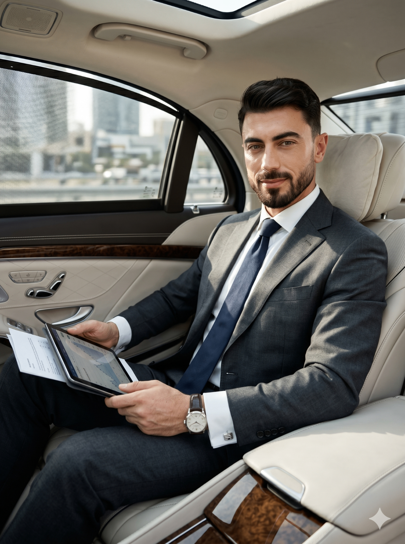 Executivo com terno cinza sentado no banco traseiro de carro de luxo segurando tablet