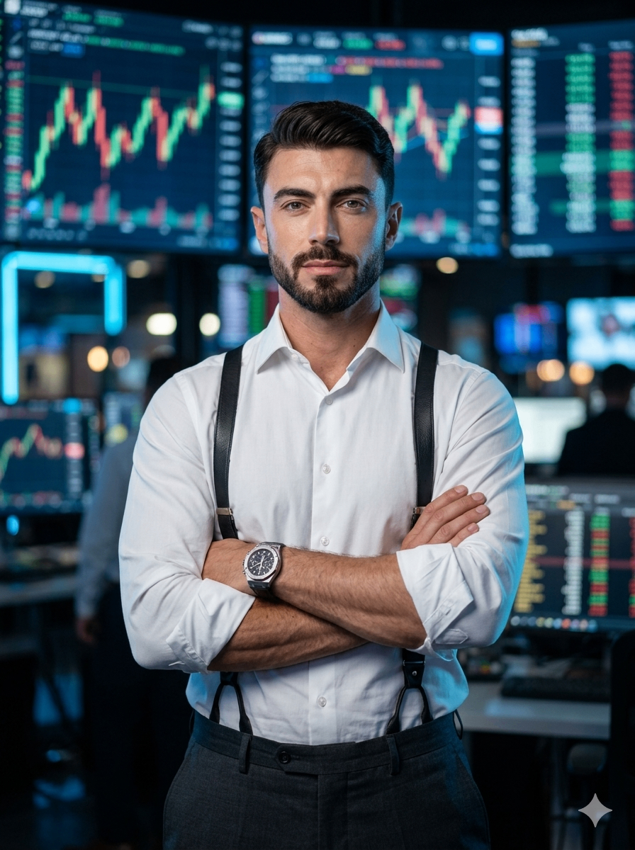 Executivo com camisa branca e suspensórios de braços cruzados em sala de trading