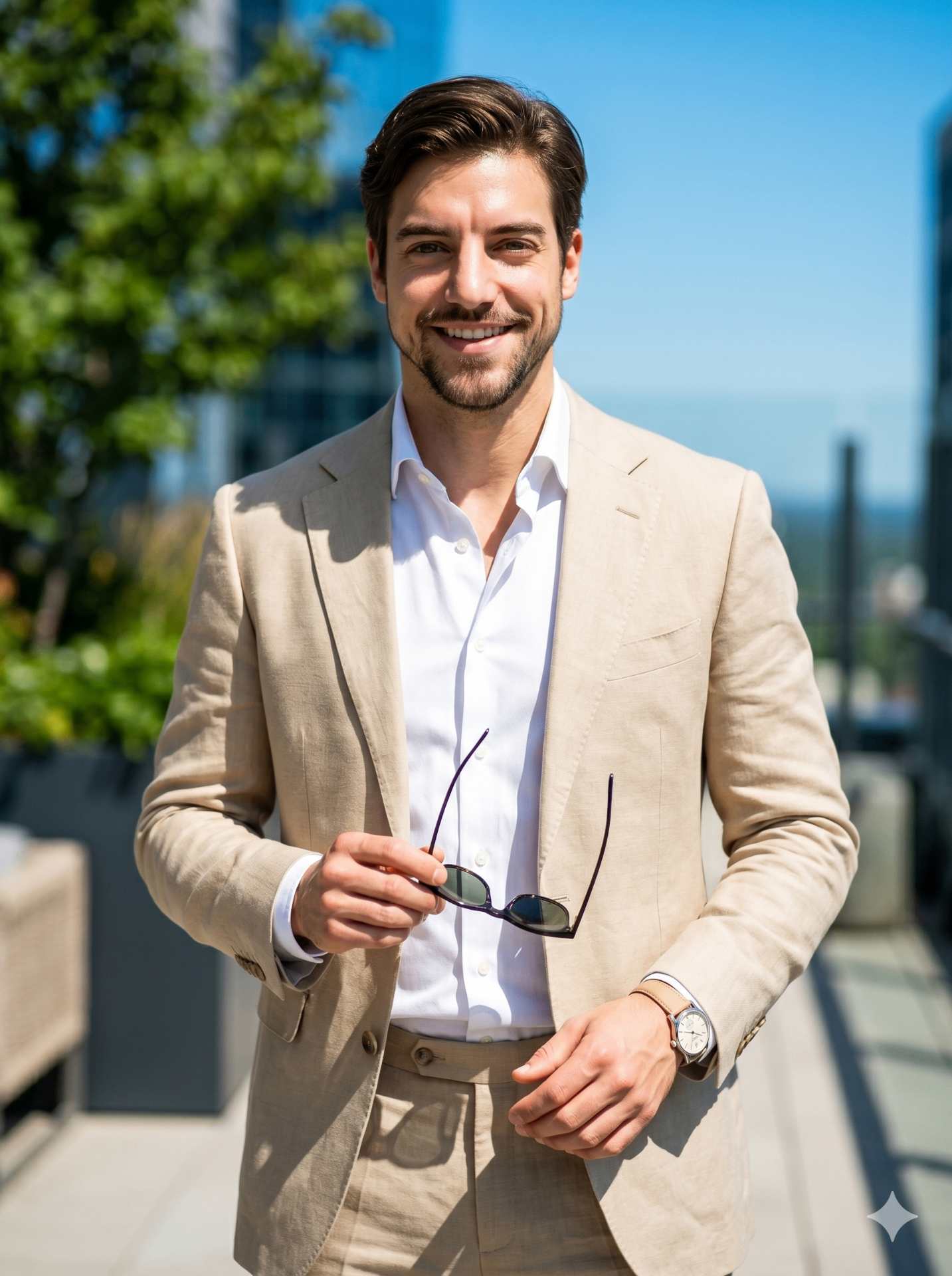 Executivo sorridente com terno bege de linho segurando óculos de sol em rooftop com vista da cidade