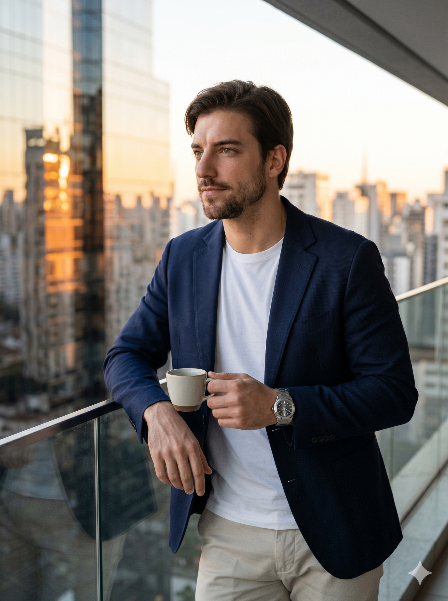 Executivo com blazer azul tomando café em varanda ao pôr do sol