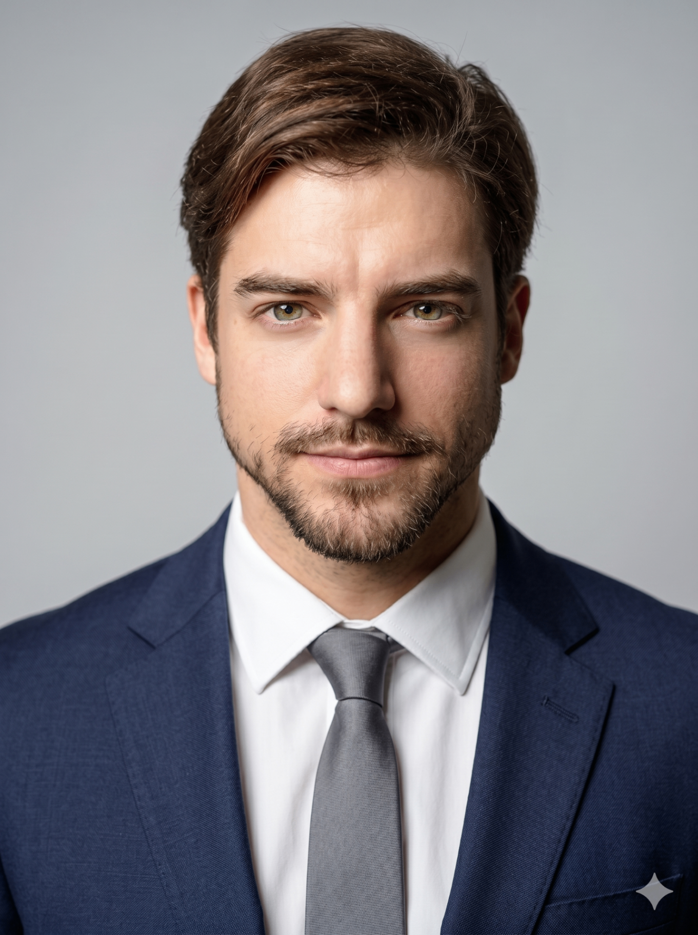 Headshot masculino com terno azul e gravata cinza